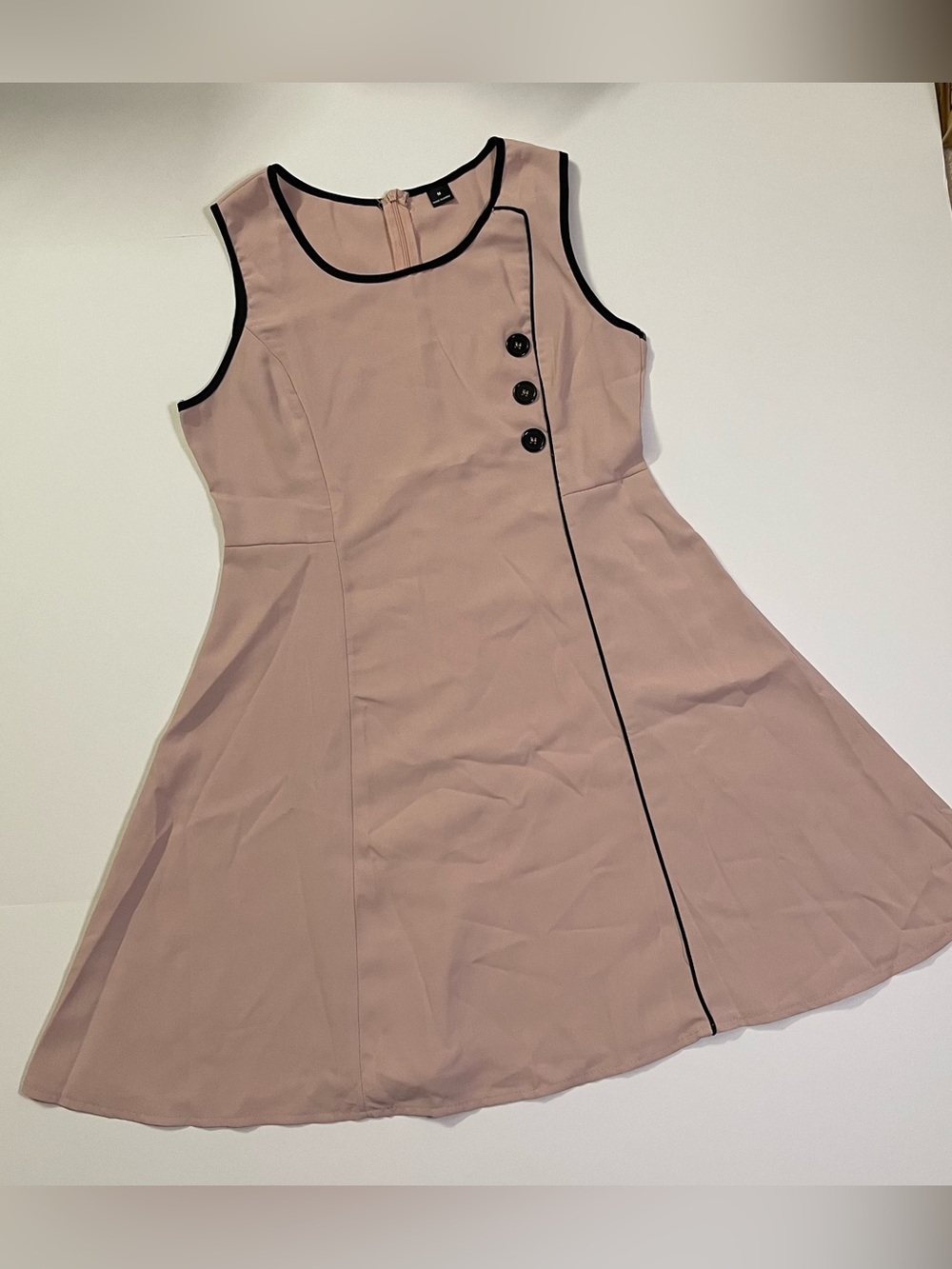 Sleeveless A-Line Dress in Blush Pink with Black Trim size M